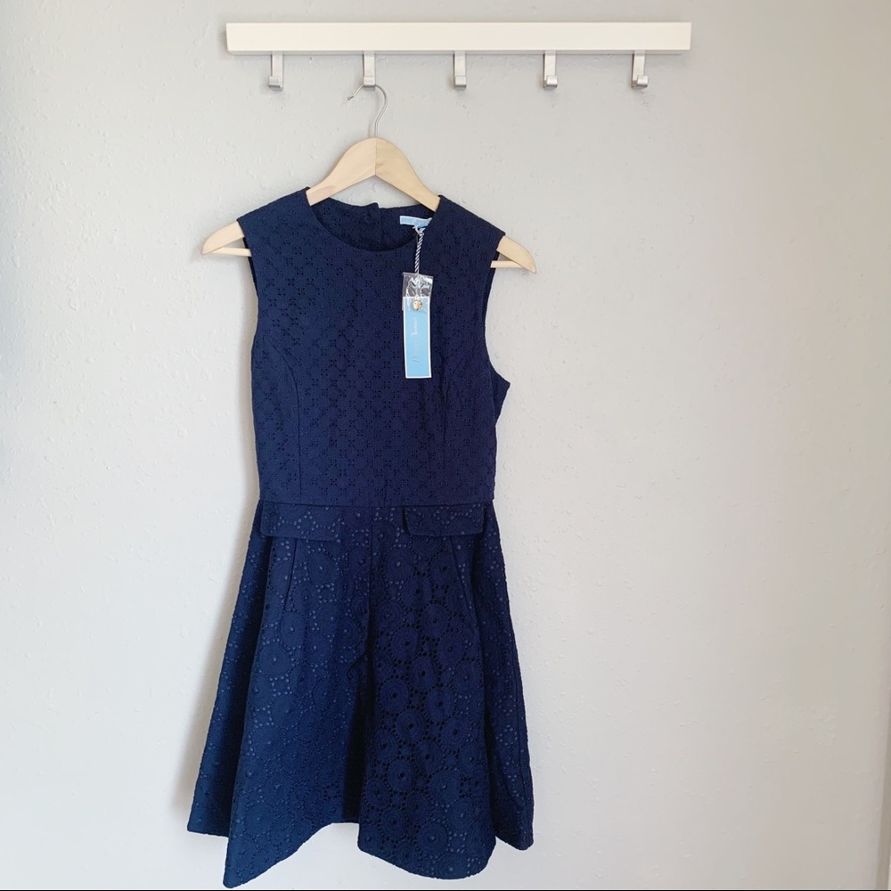 NWT Draper James Navy Blue Eyelet Lace A Line Dress 6